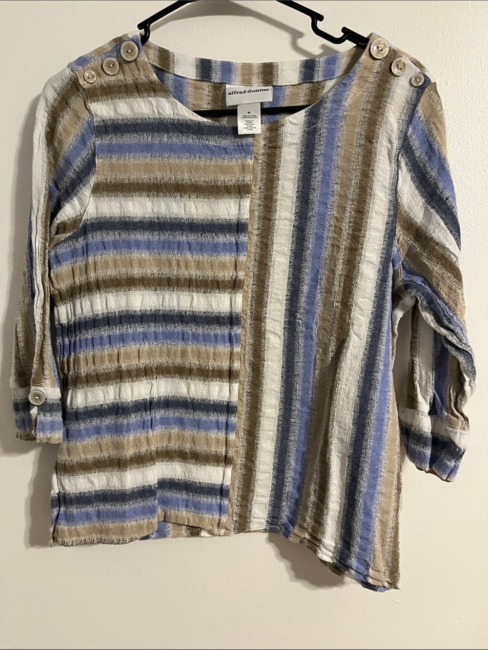 Alfred Dunner Blue, Tan & White Striped Button-Shoulder Top